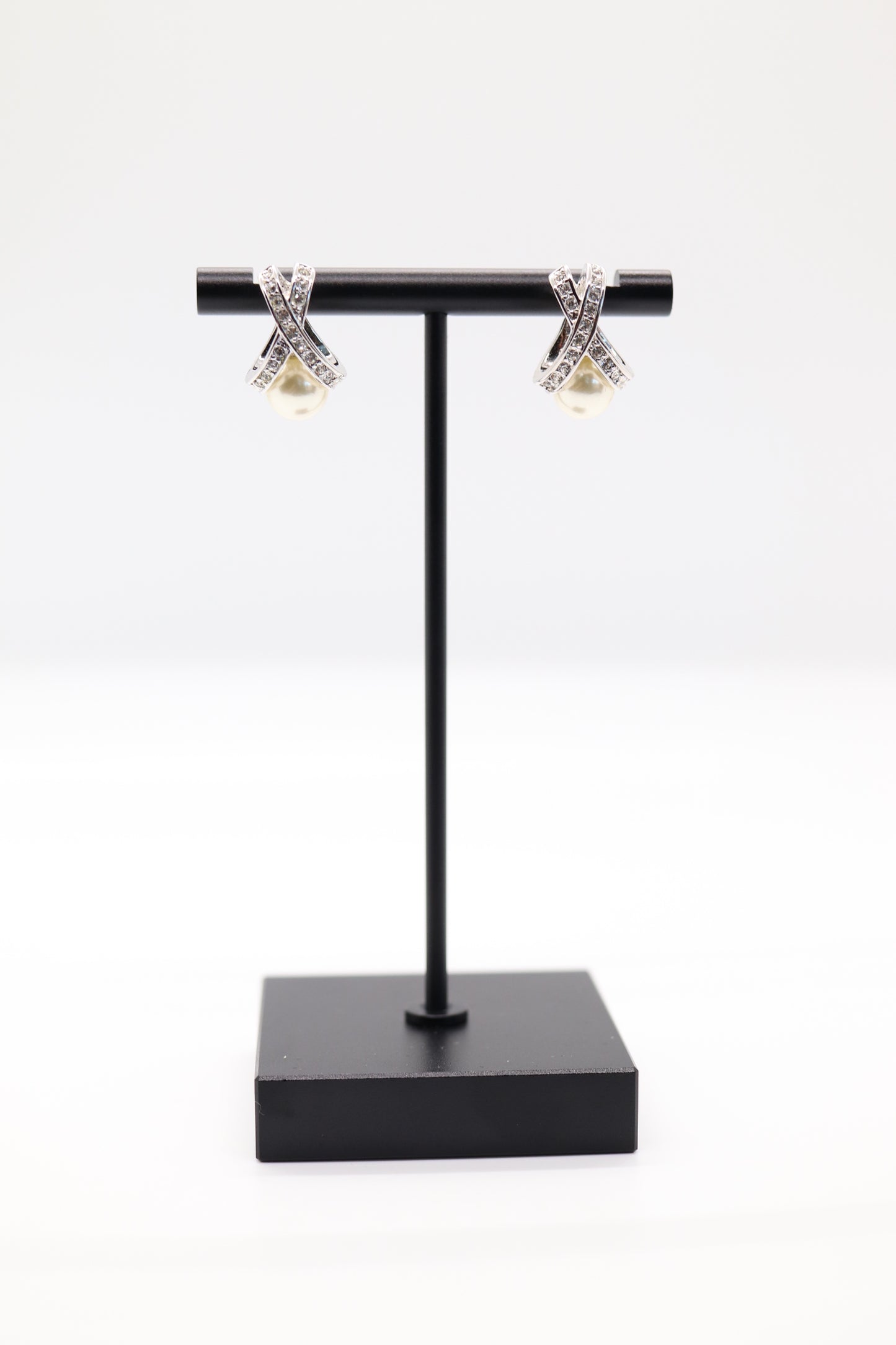 Silver Criss Cross CZ Earrings with Pearl