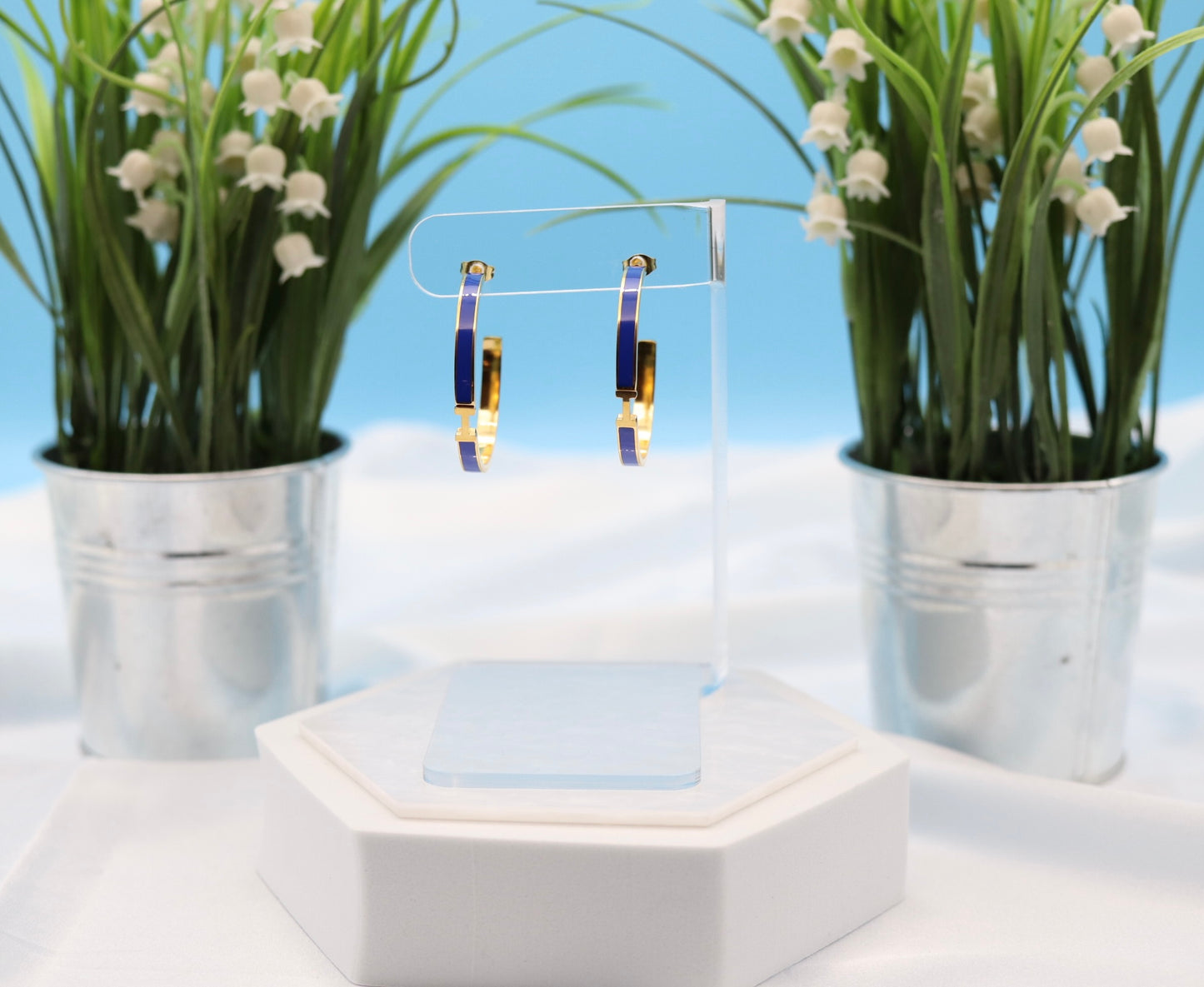 Blue and Gold Trim Luxury Hoop Earrings