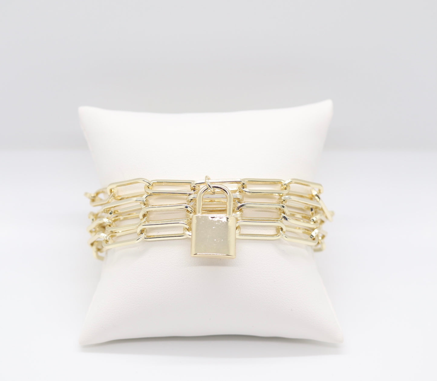 Beautiful Multi-Layer Gold Paperclip Chain Bracelet with Dangling Lock and Magnetic Clasp