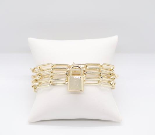 Beautiful Multi-Layer Gold Paperclip Chain Bracelet with Dangling Lock and Magnetic Clasp