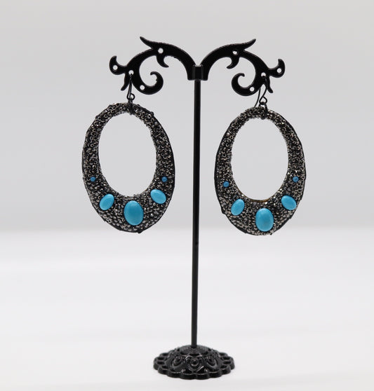 Black Hoop Earrings with Turquoise Stones