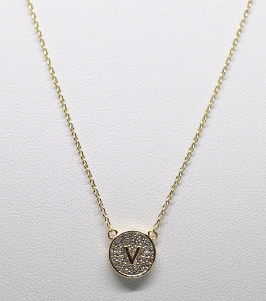 Gold Micropave Initial Necklace w/Vertical Display (V)