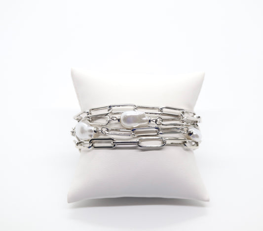 Beautiful Multi-Layer Silver W/Pearls Paperclip Chain Bracelet and Magnetic Clasp