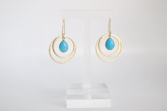 Gold Double Circle Turquoise Earrings