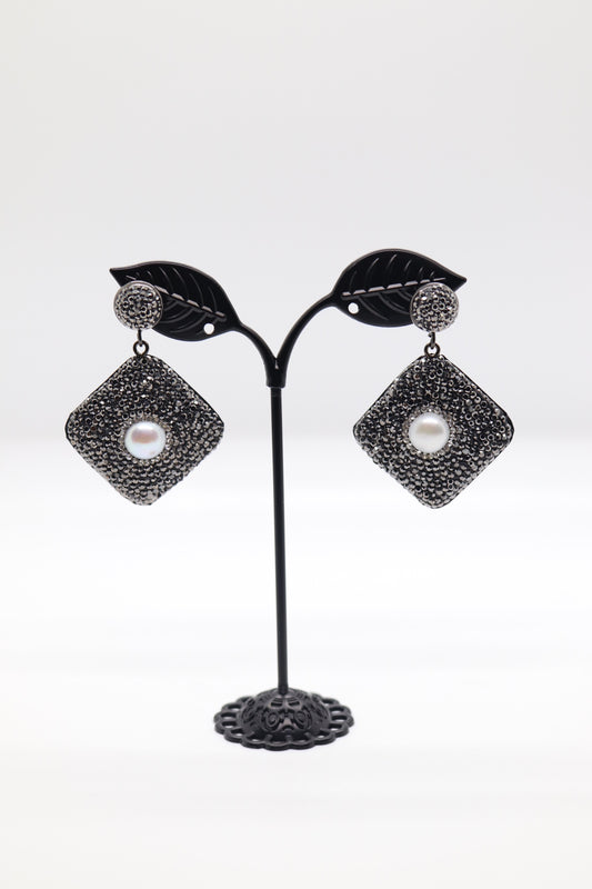 Black Rhinestone Paved Station Pearl Earrings