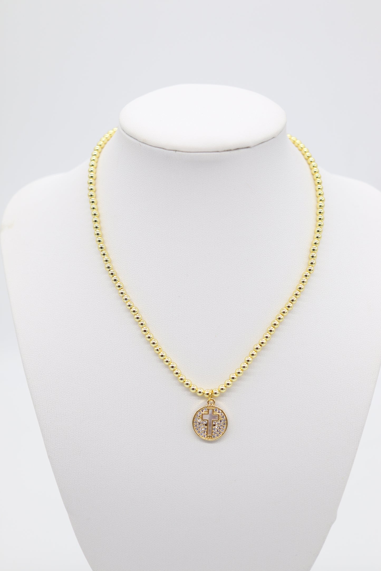 Classic Gold Beaded Necklace With Gold Cross  Pendant (4mm)