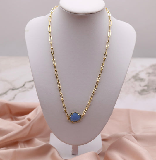 Gold Paperclip Chain Necklace with Sky Blue Pendant