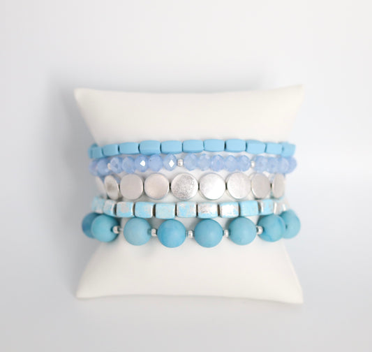 Silver Blue Beads Bracelet Set