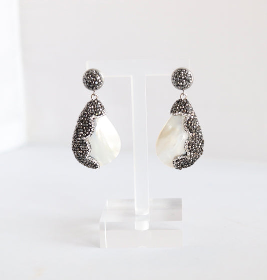 Black Rhinestone Paved White Pearl Teardrop Earrings