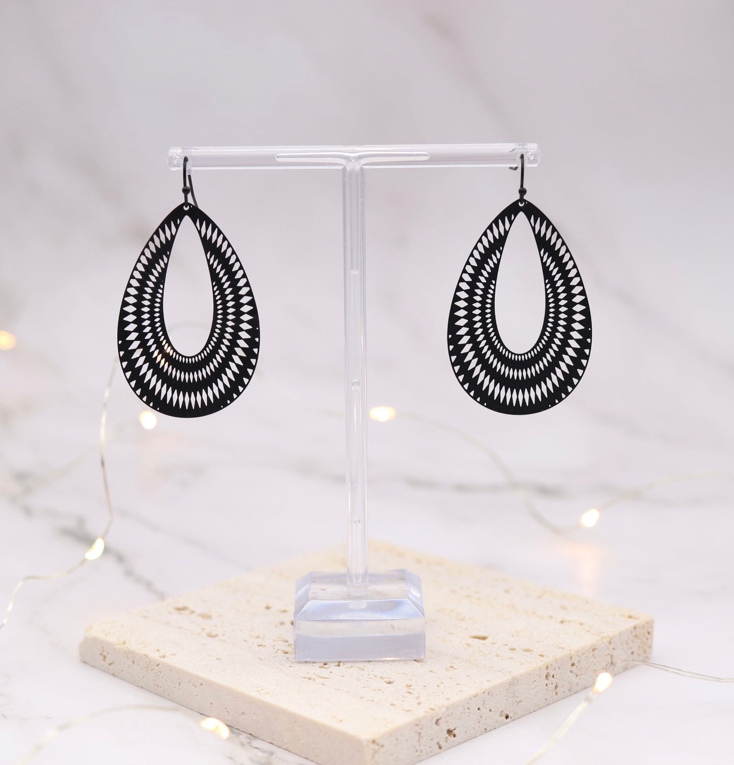 Black Illusion Cut Teardrop Earrings