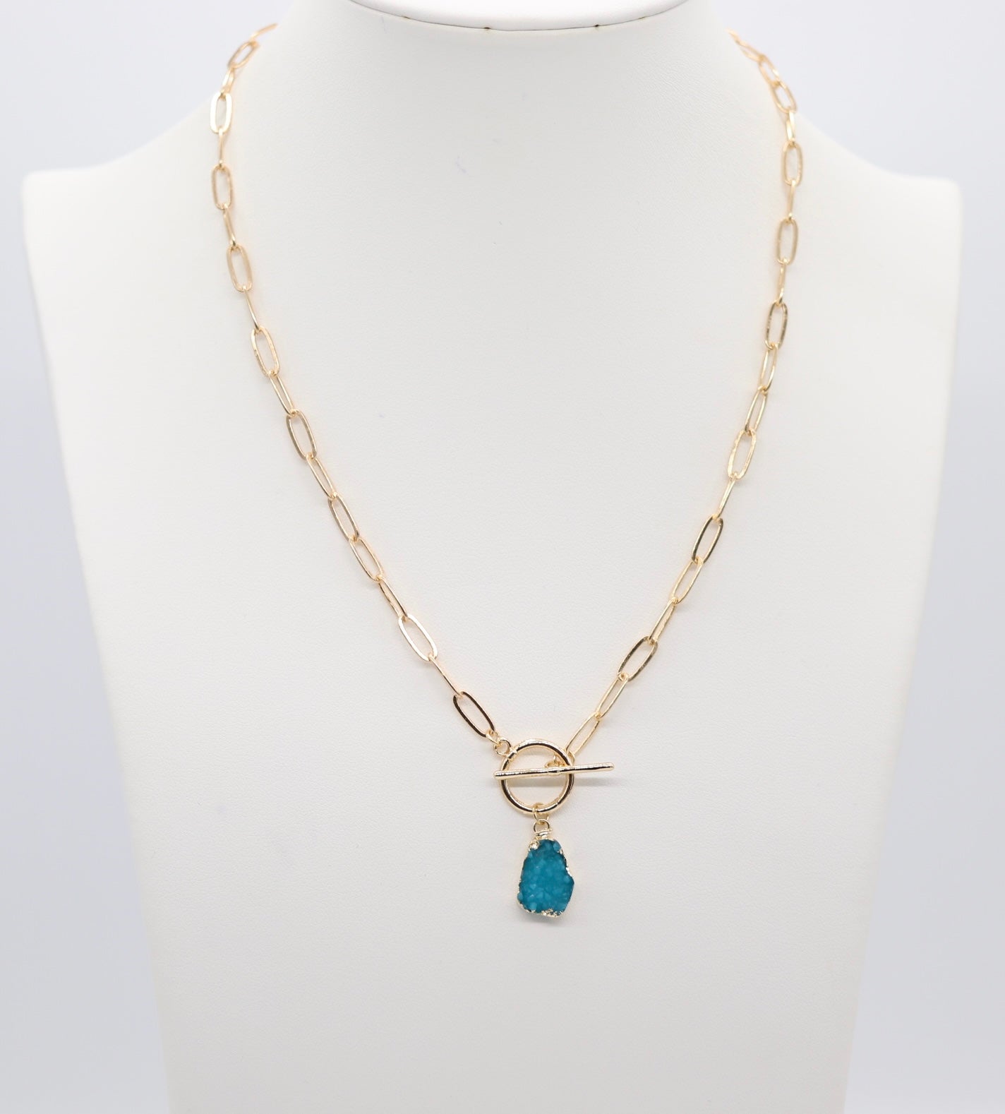 Gold Blue Druzy Toggle Drop Necklace