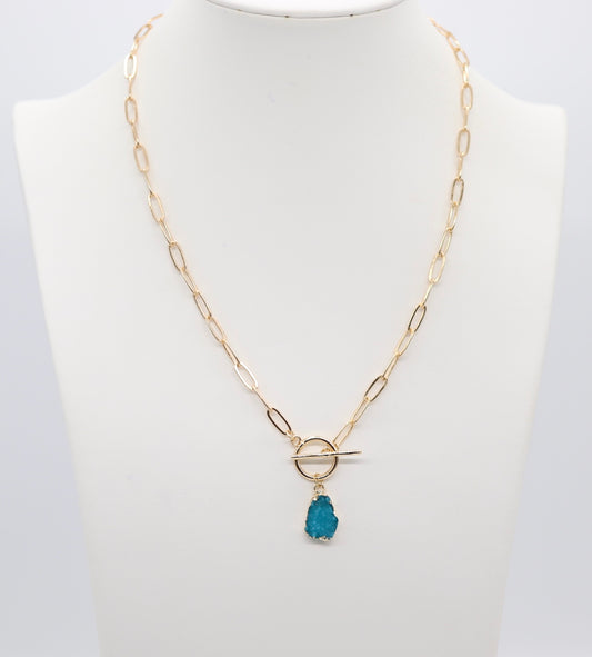 Gold Blue Druzy Toggle Drop Necklace