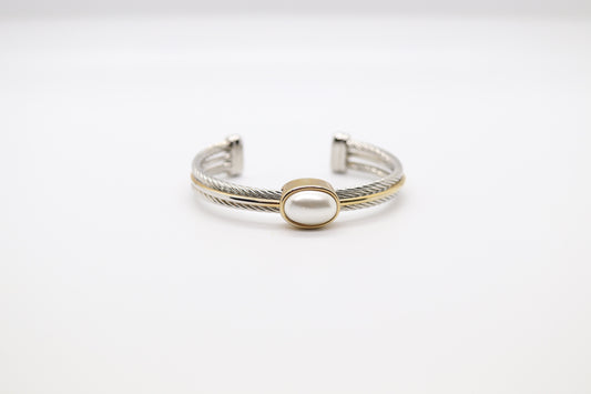 Gold And Silver Cable With Pearl Station Cuff Bracelet