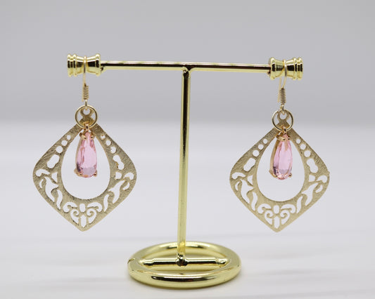 Beautiful Gold Fillagree Earrings with Pink Dangling Stone