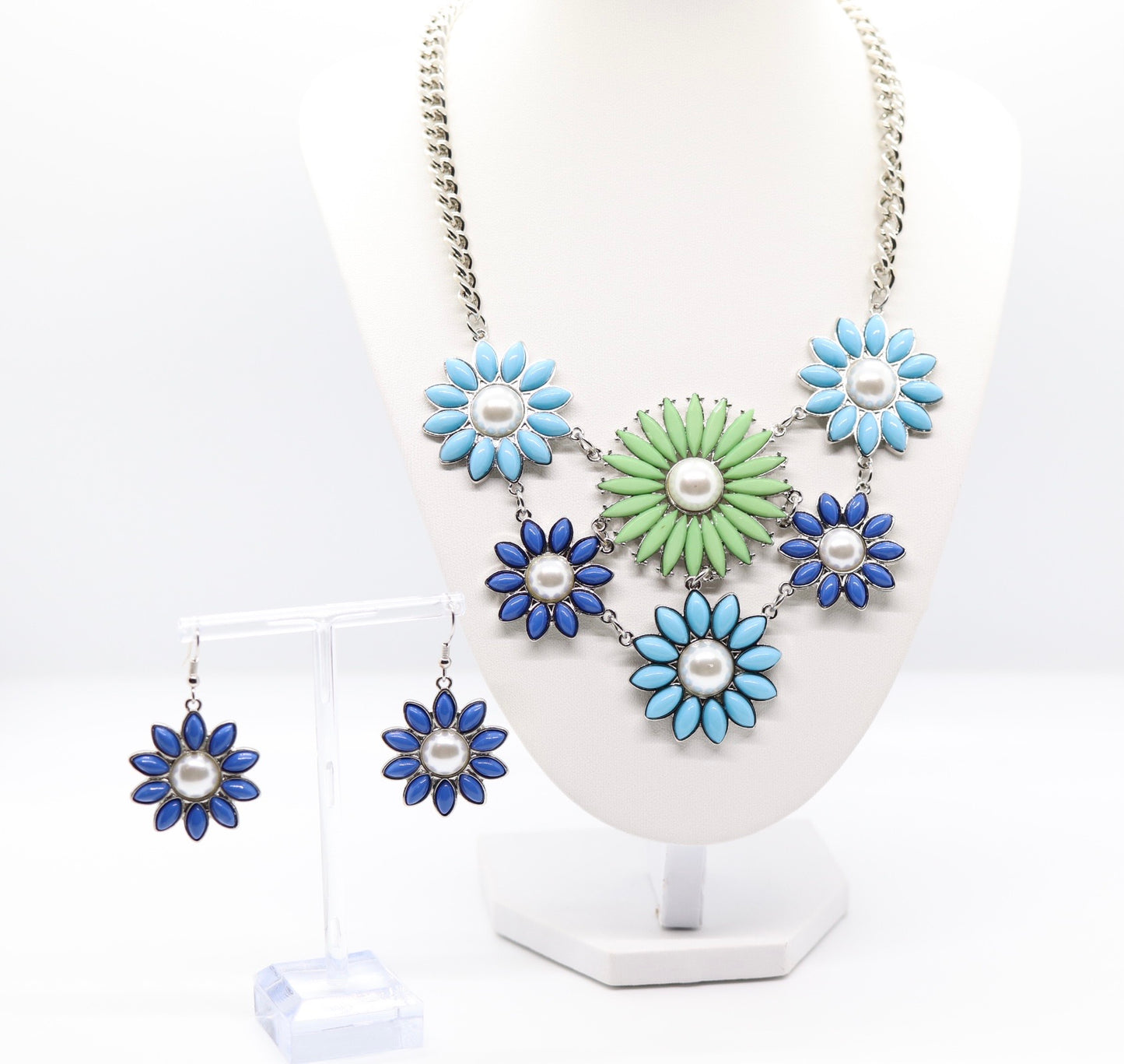 Light Blue, Blue and Green Flower Necklace With Matching Earrings