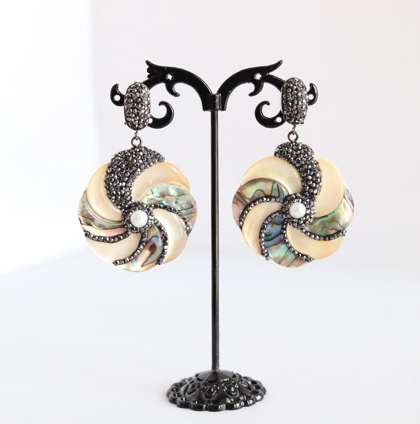 Black Paved Rhinestone Swirl Pearl Earrings