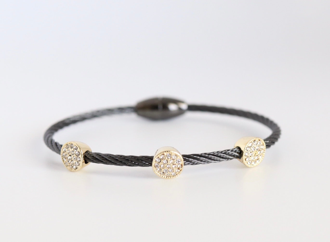 Black Stainless Steel Cable CZ Paved Gold Station Magnetic Bracelet