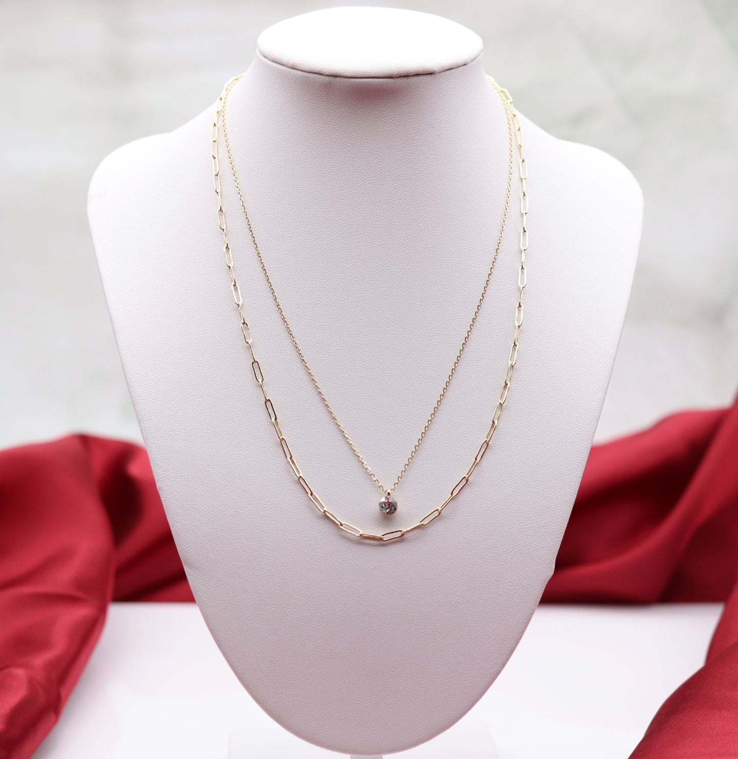 Single CZ with Double Layered Chain Necklace