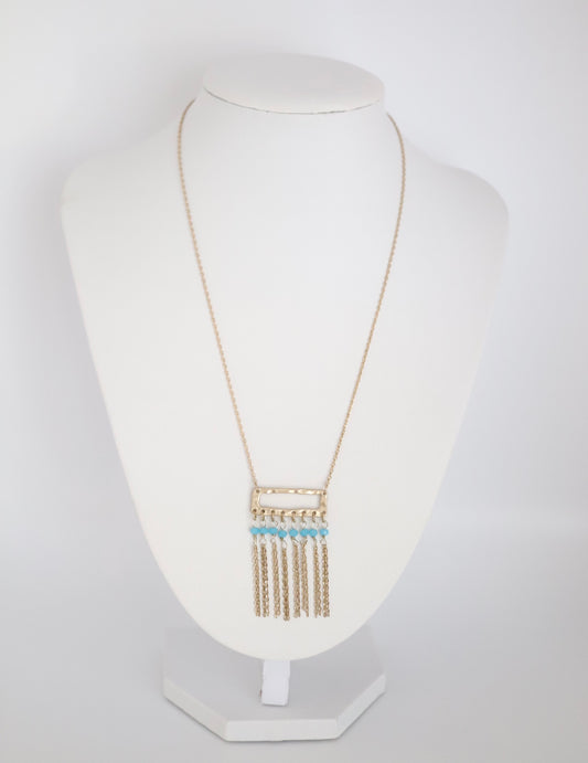 Gold Turquoise Beaded Pendant w/Tassels Necklace