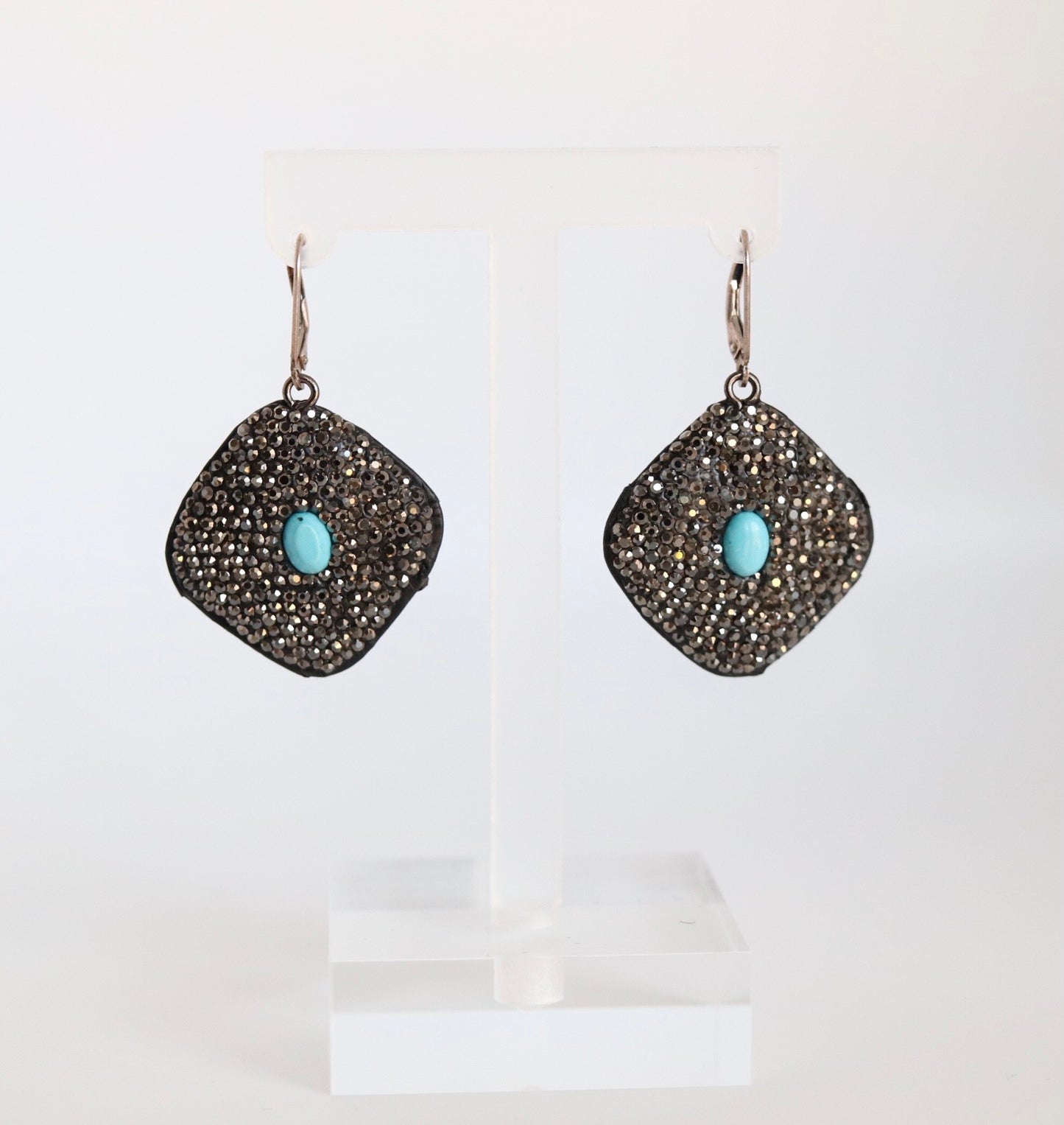 Black Rhinestone Paved Earrings With Turquoise Beaded Stations