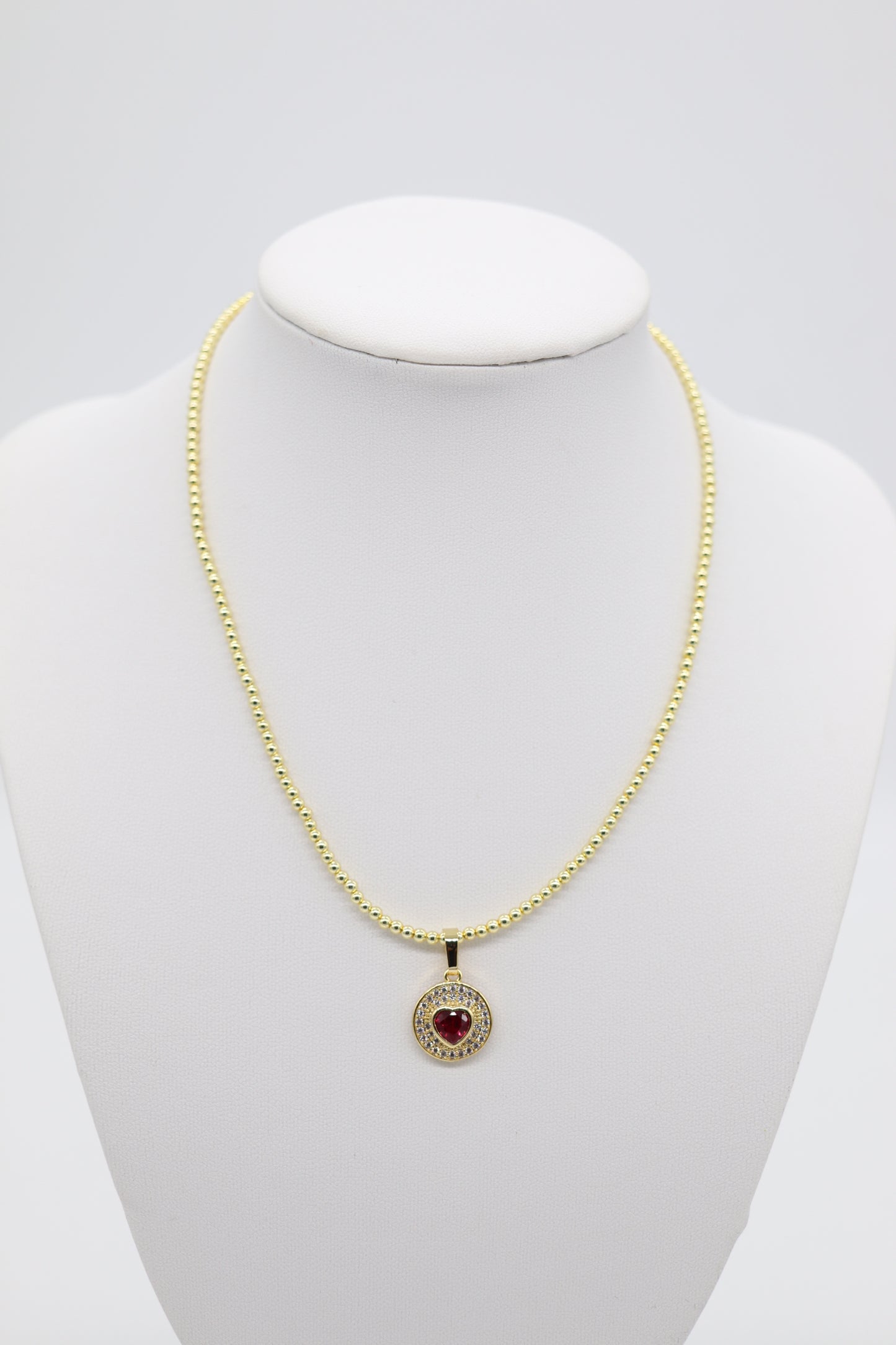 Classic Gold Beaded Necklace With Red Heart Pendant (3mm)