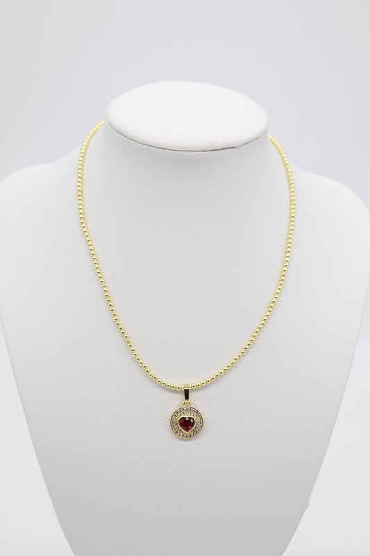 Classic Gold Beaded Necklace With Red Heart Pendant (3mm)