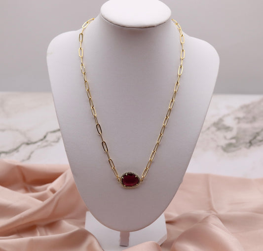 Gold Paperclip Chain Necklace with Ruby Red Pendant