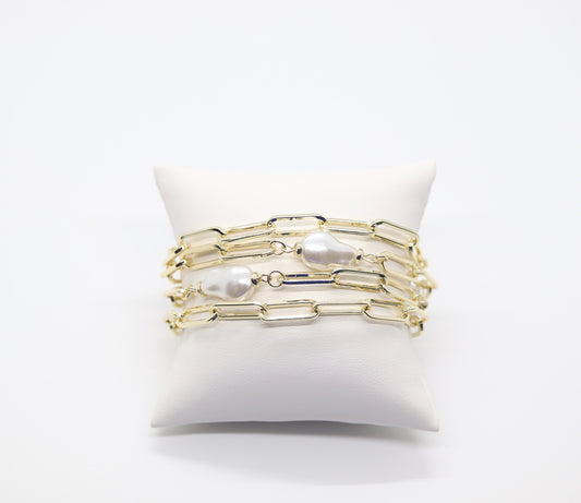 Beautiful Multi-Layer Gold W/Pearls Paperclip Chain Bracelet and Magnetic Clasp
