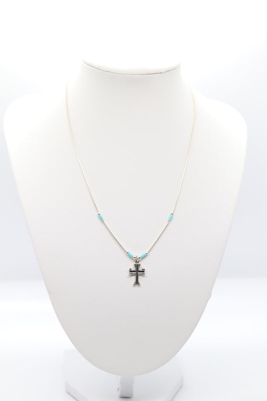 Beautiful Turquoise Beaded Silver Cross Necklace