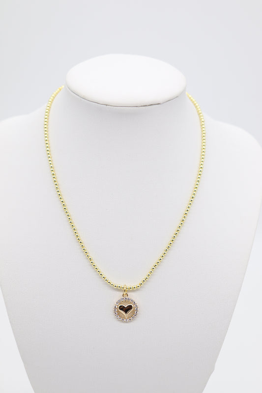 Classic Gold Beaded Necklace With Gold Heart Pendant (3mm)