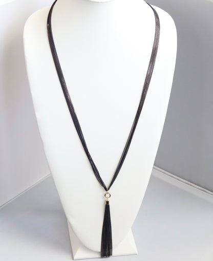 Black Multi-Strand Chain Tassel Necklace with Gold Accents
