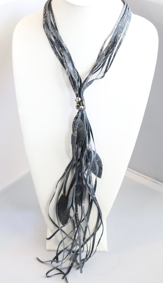 Long Blue Feathered Tasseled Leather Necklace