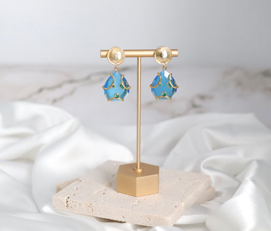 Gold and Sky Blue Dangling Earrings with Emerald Green Tanzanite Stones Embedded