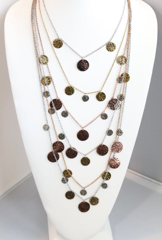 Multi-Layered Gold, Copper and Silver Round Pendant Necklace