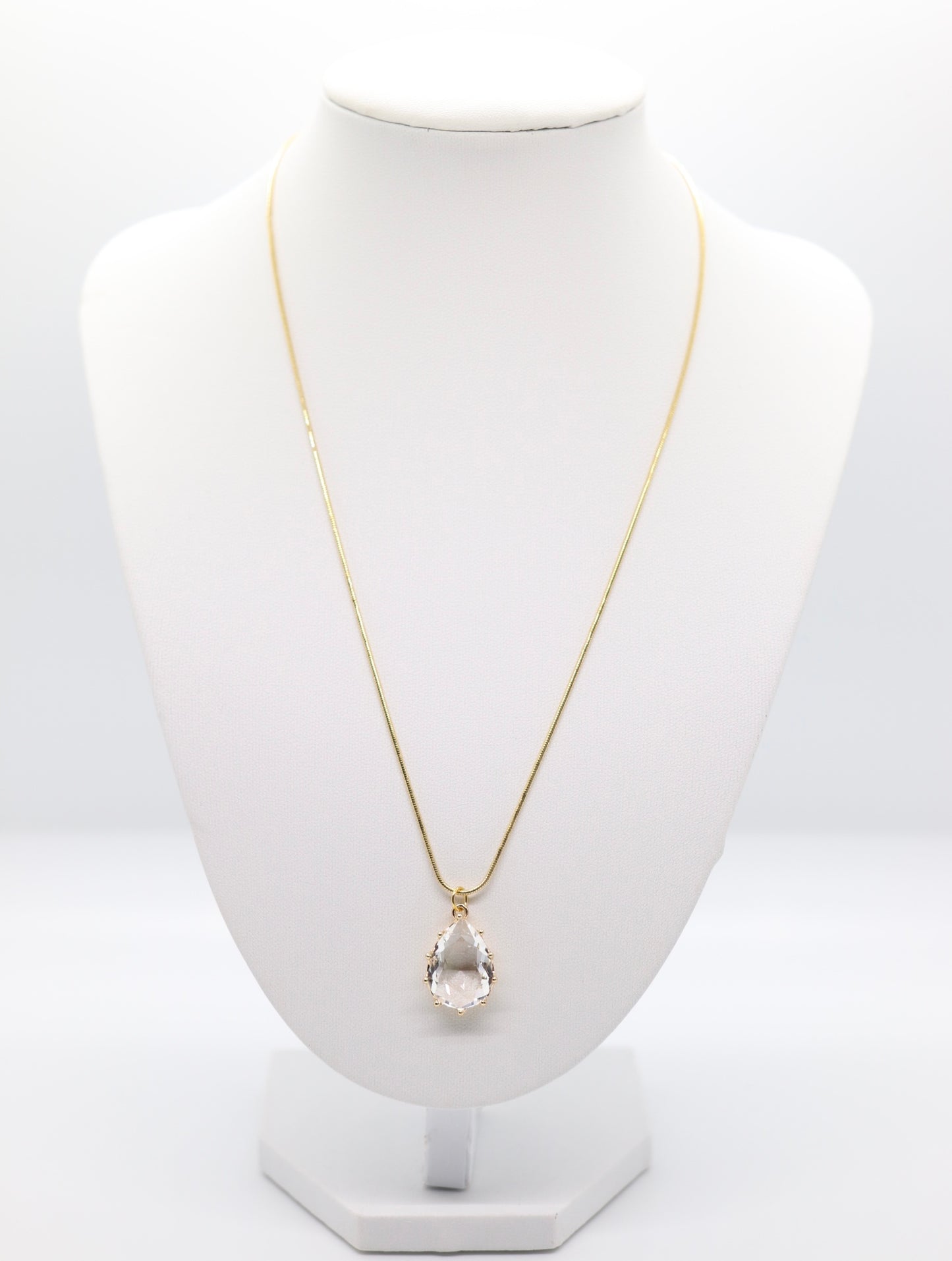 Gold Snake Chain w/Clear Teardrop Pendant Necklace