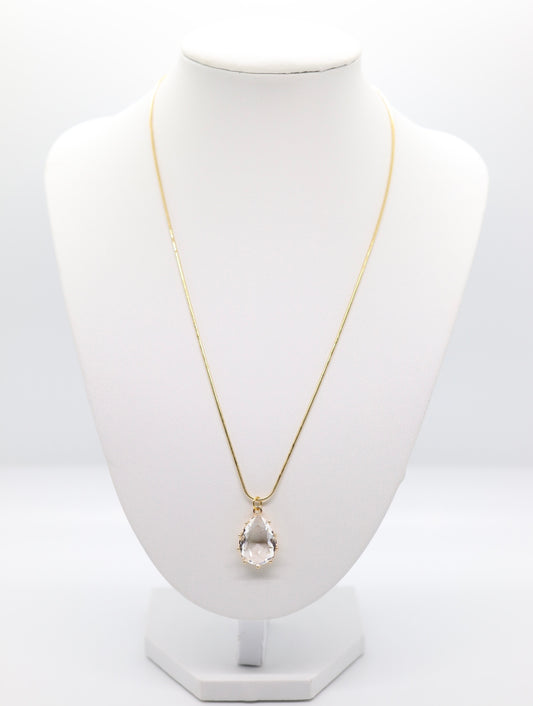 Gold Snake Chain w/Clear Teardrop Pendant Necklace