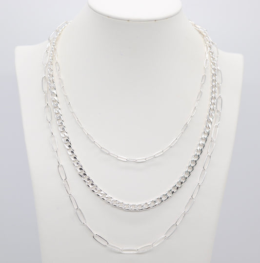 Silver Layered Three Layer Chains Necklace