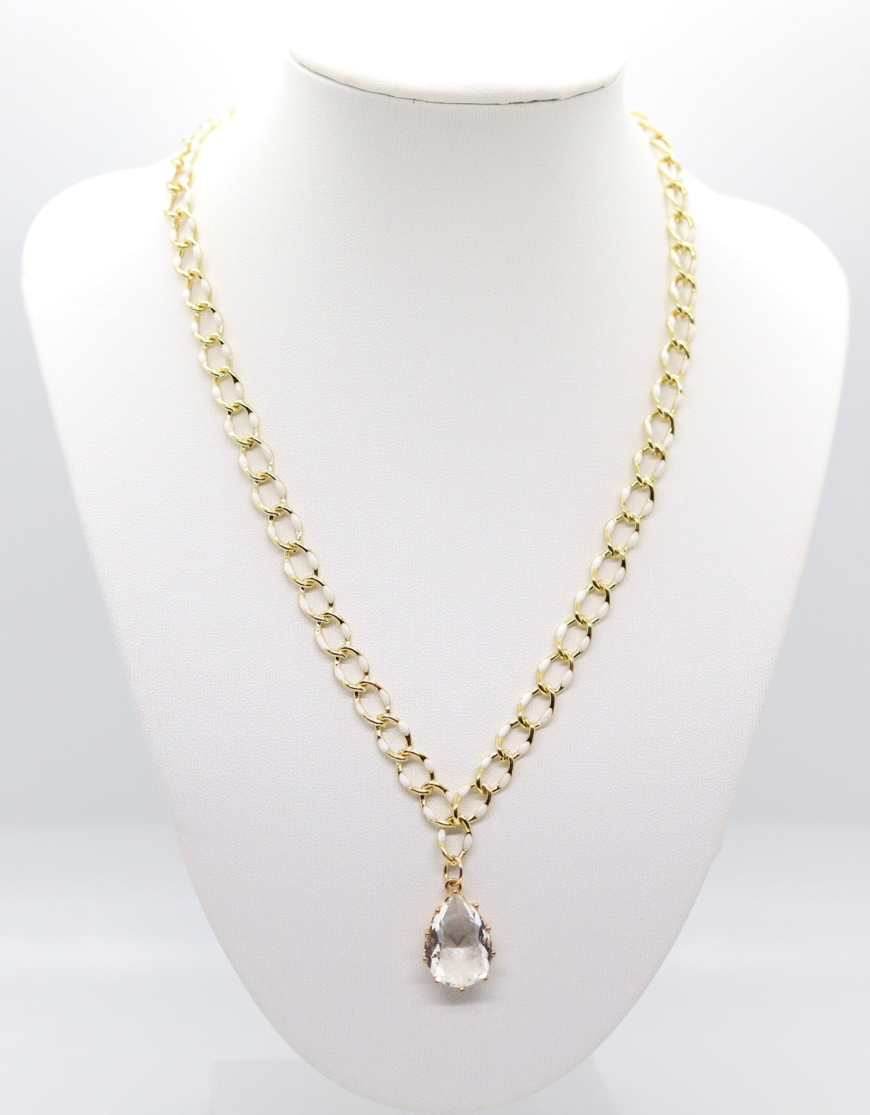 Beautiful White Tipped Chain Necklace with Clear Teardrop Pendant