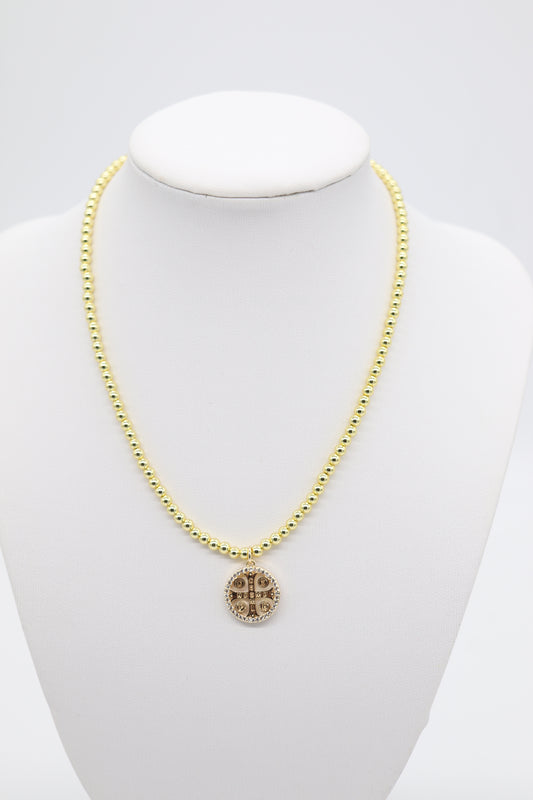 Classic Gold Beaded Necklace With Gold Cross  Pendant (4mm)