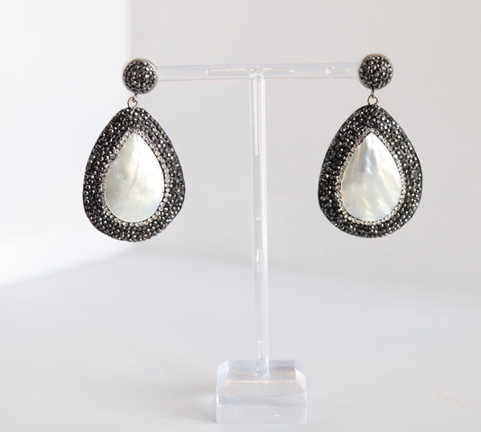 Black Rhinestone Paved Teardrop Pearl Earrings