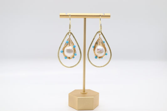 Gold, Turquoise and Pearl Teardrop Earrings