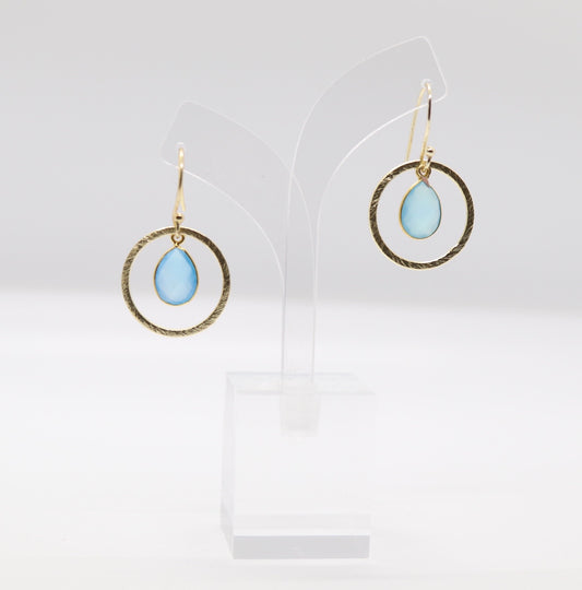 Gold Circle With Light Blue Stone Earrings